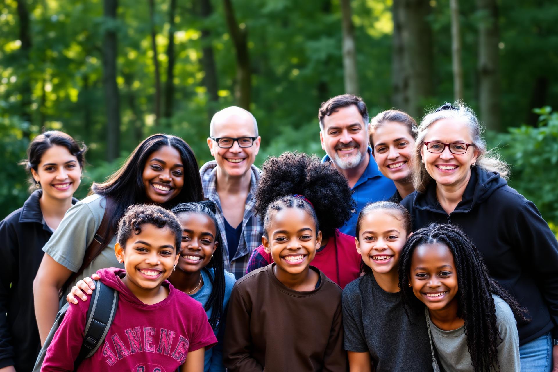 Diverse group of mentors and youth smiling together outdoors